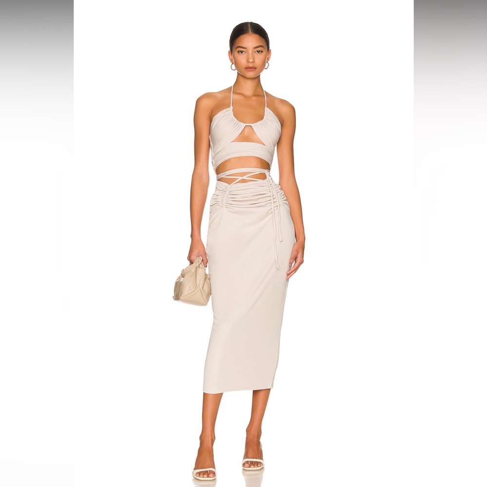 NBD Stone Grey Ruched High-Waist Midi Skirt with Top Set